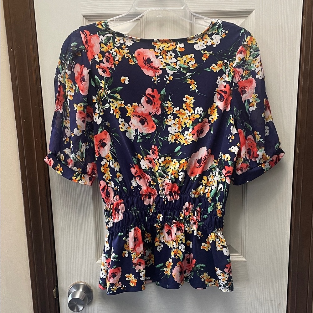 PerSeption Concept Navy Floral Puff-Sleeve Peplum Top - Picture 4 of 4